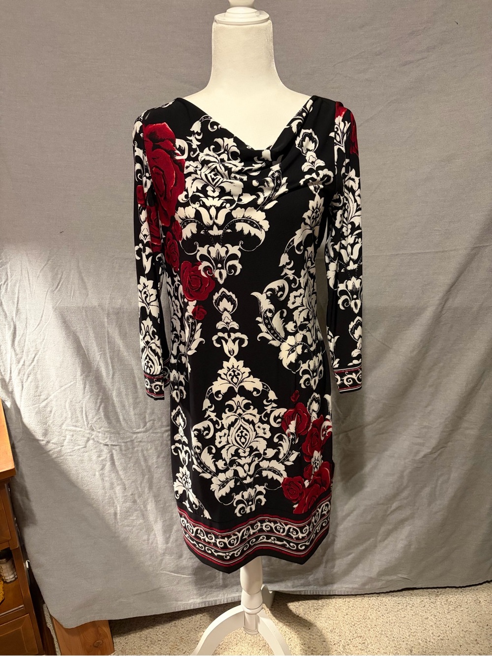 White House Black Market Black, White & Red Floral Cowl Neck Dress